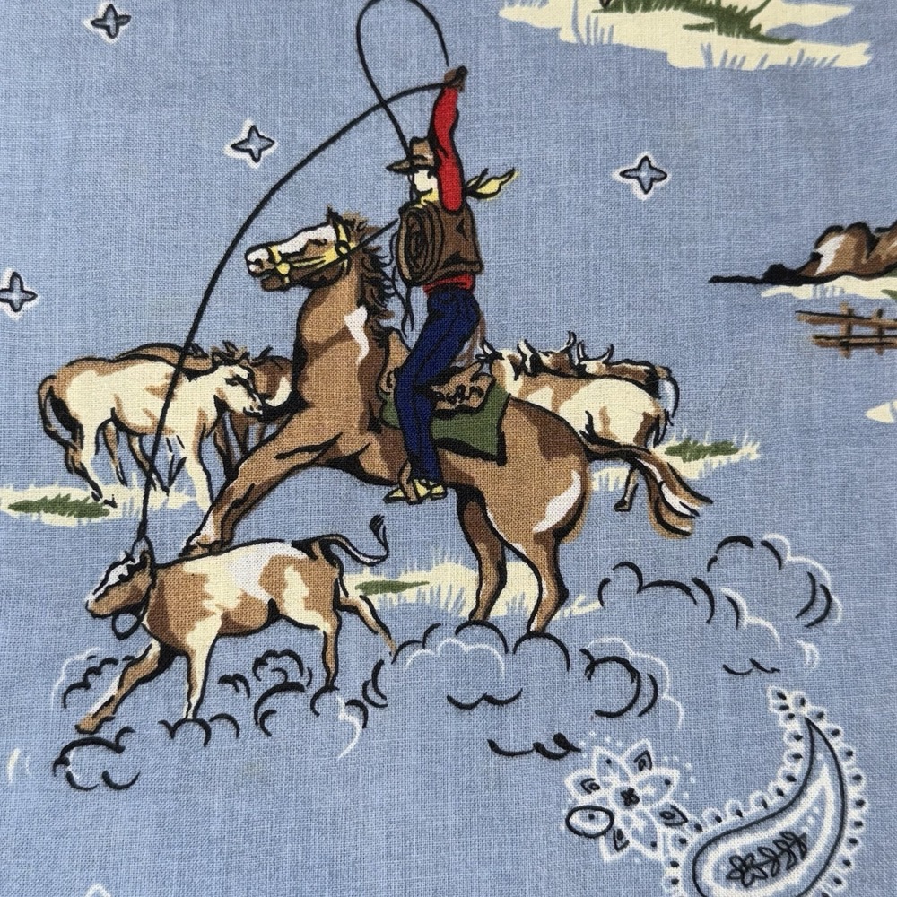 Vintage Western Pearl Snap Mens Small Rodeo Bolo Tie All Over Print Cowboy Blue - Picture 9 of 9